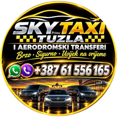 Logo SKY Prime TAXI Tuzla i aerodromski transferi, s brojem +387 61 556 165